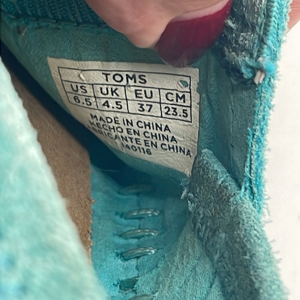 TOMS Suede Leather Turquoise Espadrilles Flats Sz 6.5 - Picture 6 of 7